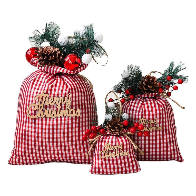 Navidad árbol de Navidad decoraciones rojo y negro a cuadros bolsa de regalo bolsa de tela de Santa Claus espalda bolsa de tela adornos de decoración
