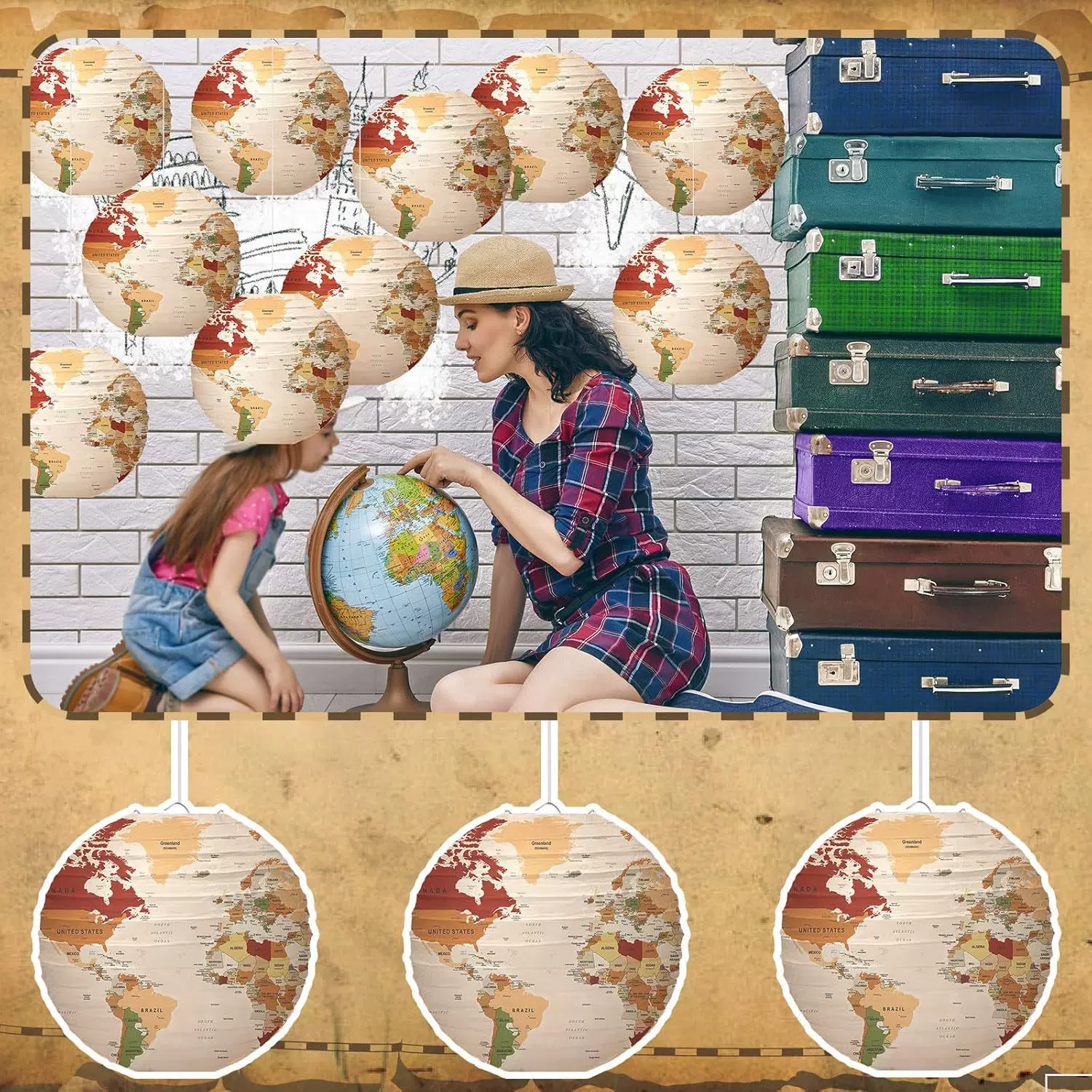 地球纸灯笼世界地图六一幼儿园学校教室氛围装饰用品diy圆形灯笼
