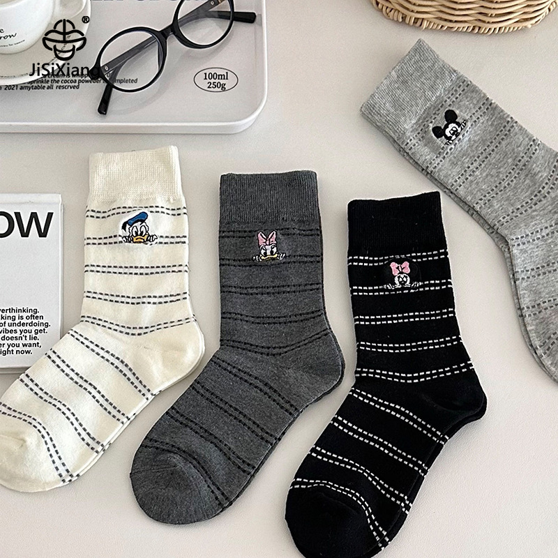Ji Sixiang Socks Women's Autumn and Winter New Cartoon Mickey Mouse Embroidered Mid-Calf Socks Combed Cotton Korean Style Versatile Student Socks