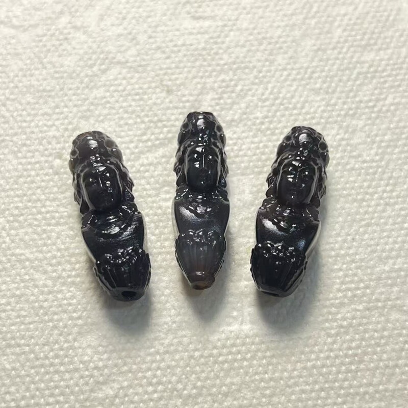 Xizang-Style Black Agate Dzi Bead Carved Guanyin Pendant Jewelry DIY Clavicle Chain Accessory Parts