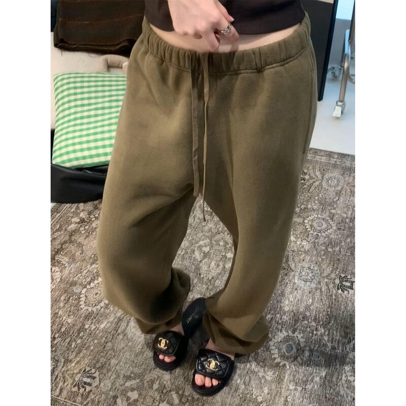 Super Soft Velvet Olive Green Sweatpants Autumn and Winter Plus Velvet Slimming Lazy Cuffed Straight Pants