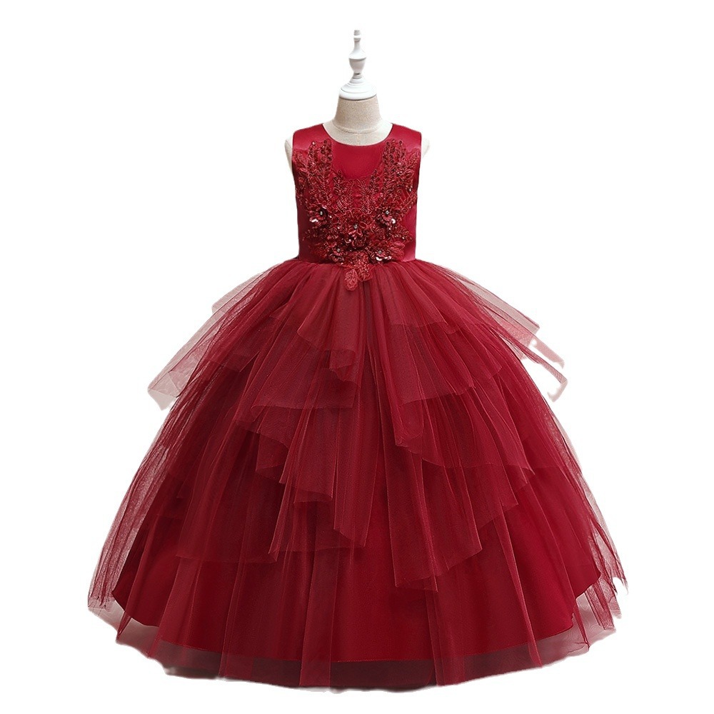 Vestido de princesa para niñas transfronterizas, vestido esponjoso de malla bordada, anfitrión de pasarela, vestido de actuación para niños del día del niño de piano