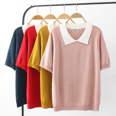 大碼女裝夏季薄款冰爽絲T恤2021夏季薄款減齡半袖翻領上衣421040