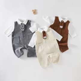 宝宝秋季背带裤韩版洋气男童女童连体衣长袖婴儿针织两件套春秋