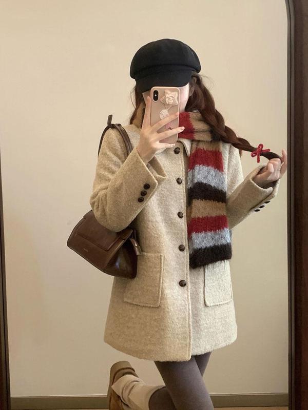 大码胖mm小香风翻领毛呢外套女春气质设计感宽松长袖呢子大衣|undefined