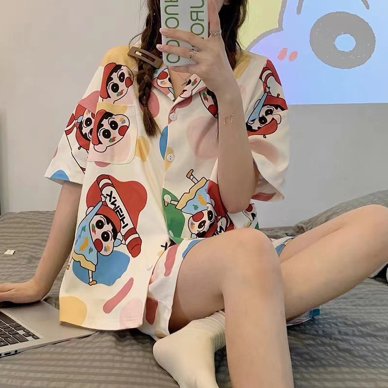 2022 New Pajamas for Women Summer Short-sleeved Cardigan Student K-style Cartoon Winnie the Pooh Cute Home Clothes Set