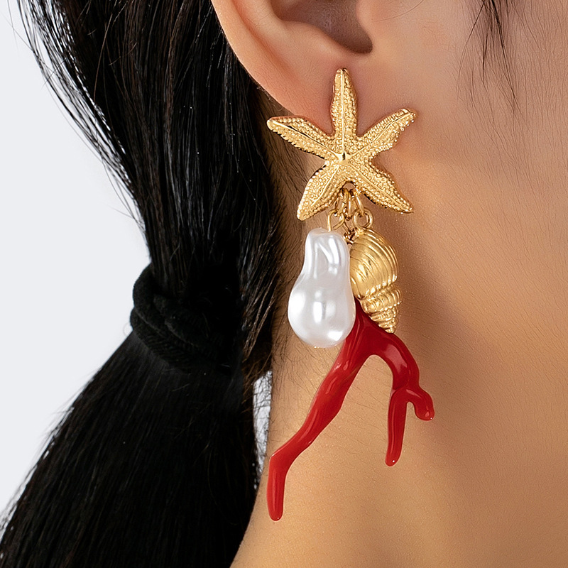Trendy Earrings Fashion Wholesale Color-Preserving Cross-Border Ocean Coral Design Starfish Coral Earrings Fashionable for Commuting