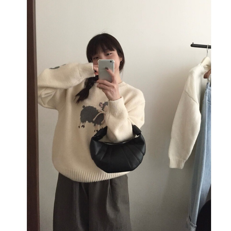 Korean-Style Cute'Meow Meow Little Lamb' Blue Round-Neck Short Knit Sweater with 3D Bow, 2025 Autumn Collection