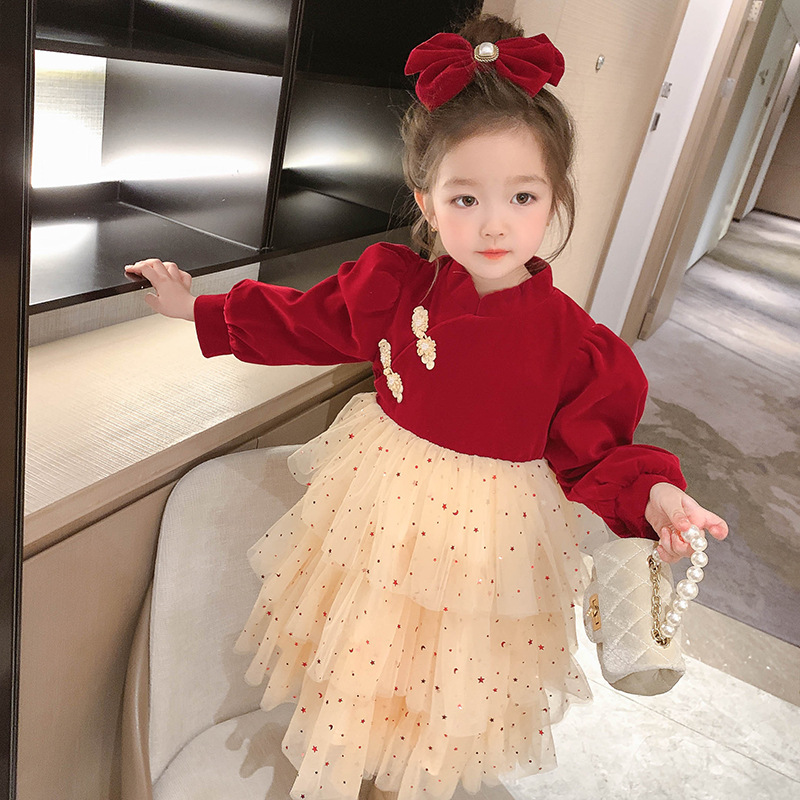 女童加绒蛋糕裙秋冬装中国风红色新年连衣裙女宝宝公主礼服裙外贸