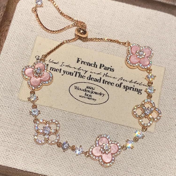 Pink Four-Leaf Flower Sparkling Diamond Bracelet for Women, Accessible Luxury Niche Design, High-End Rose Gold Pull-Out Bracelet Bracelet