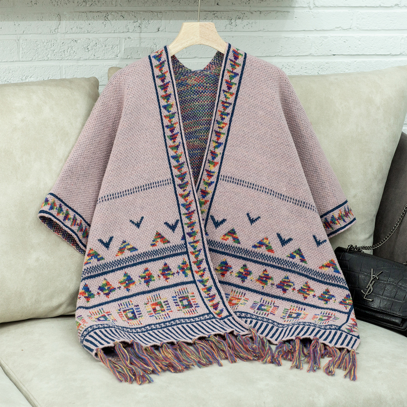 Grobstrick Damen Cape Mit Quasten Lässiger Jacquard Mantel_voghion.com