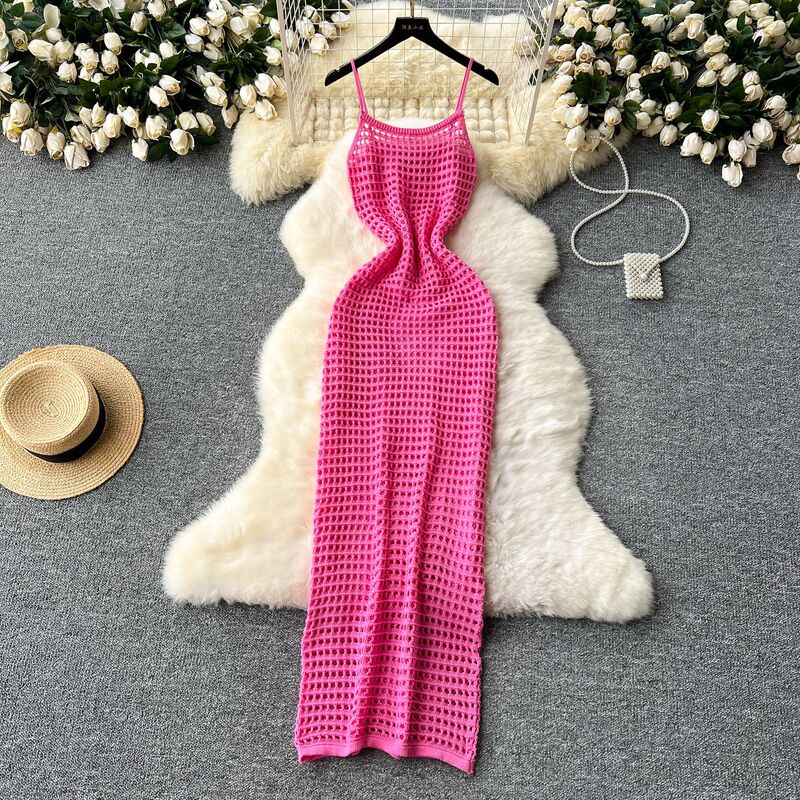Hollow-out Mesh Sling dress Women's Summer Latest Stacked-on Outer Long Slim-fit Vest Blouse Skirt
