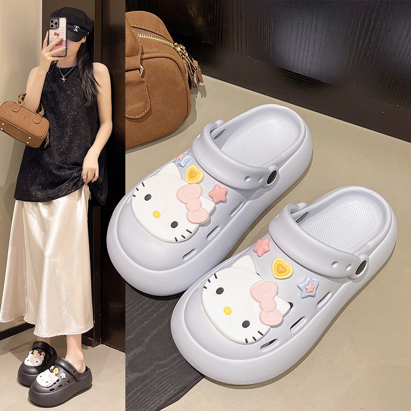 Trendy cute cartoon kitten clogs for women, summer outdoor wear, unique design, non-slip thick-soled beach sandals for holidays