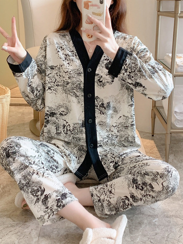 Ladies' Spring and Autumn Pure Cotton Long Sleeve 2025 High-End Ink Wash Painting Open Shirt Home Wear Set