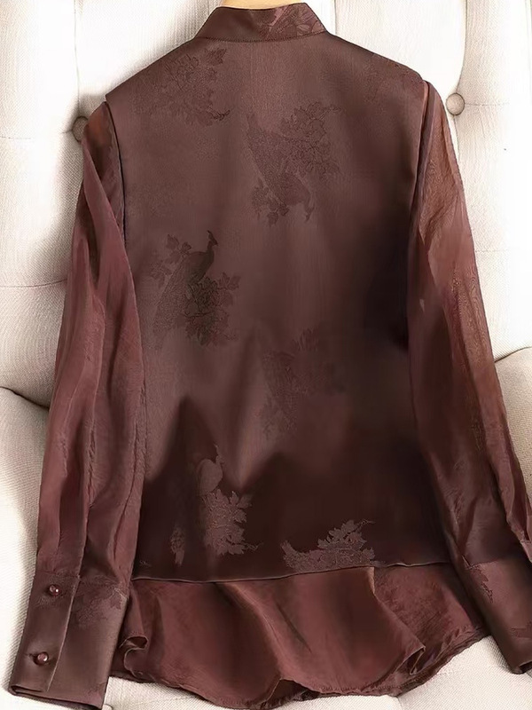 现货新中式国风安可拉红色重工提花刺绣旗袍衬衫女马甲假两件衬衣|undefined