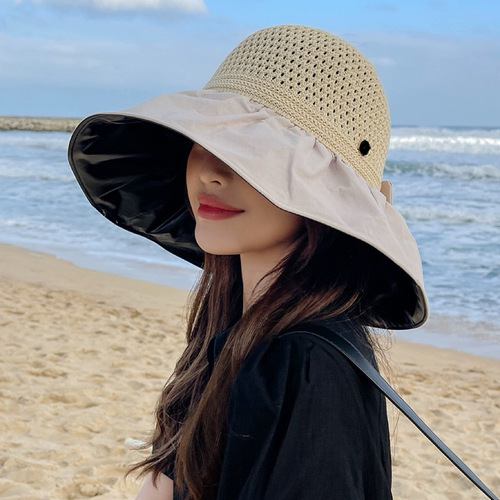 Women's Fashion Summer Bucket Hat with Sun Protection, Korean Style with Bow, Fisherman Hat for Outdoor Sun Hat, Black Rubber Sunshade Hat
