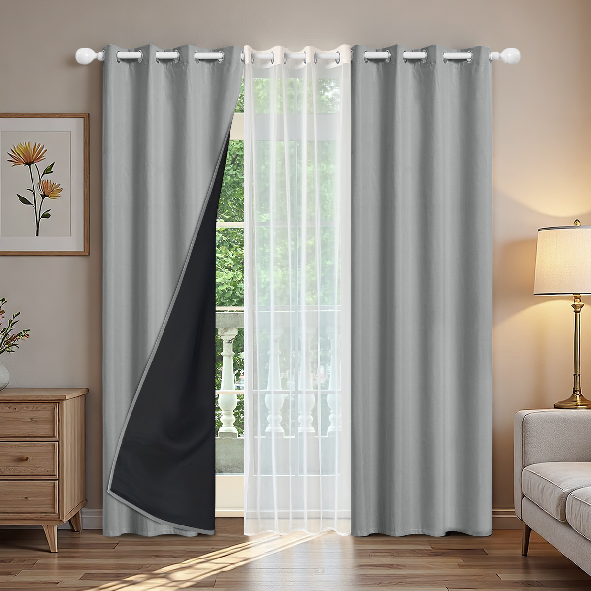 Cortinas perforadas transfronterizas conjuntos de cortinas textiles de primavera cortinas de sombreado 2pcs con doble cadena de tela de trilon 1pc