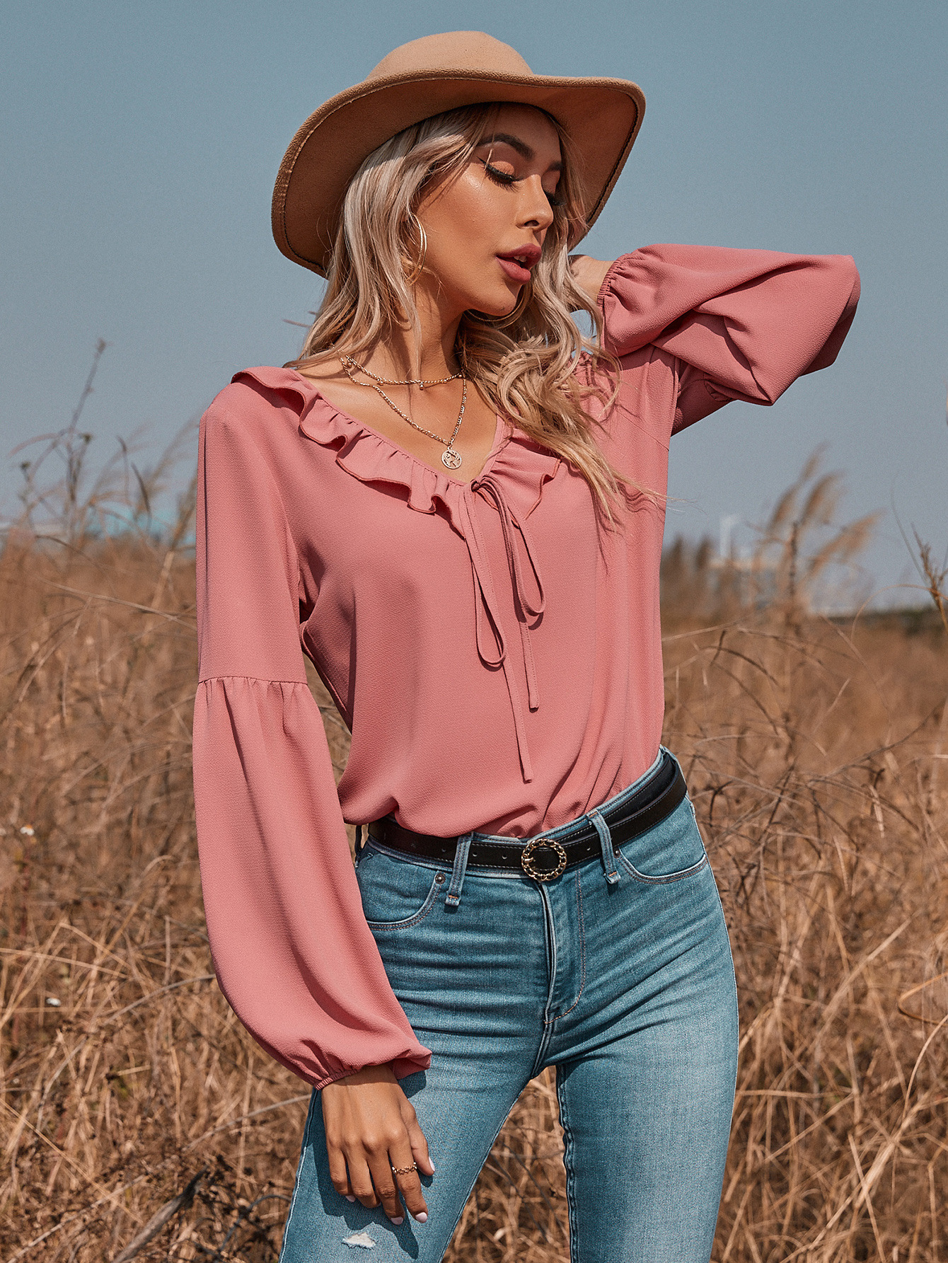 V-neck Tie Long Sleeve Top NSGHY43730