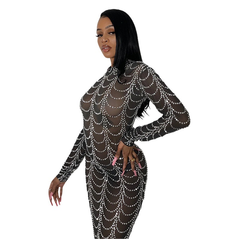 X5351 AliExpress Amazon moda europea y americana nueva sexy nightclub caliente rhinestone malla perspectiva Vestido de manga larga image 1