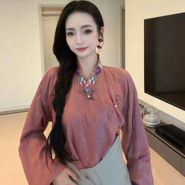 四季款女士上衣天丝加麻加亮衬衣设计感百搭生活装气质藏袍内搭