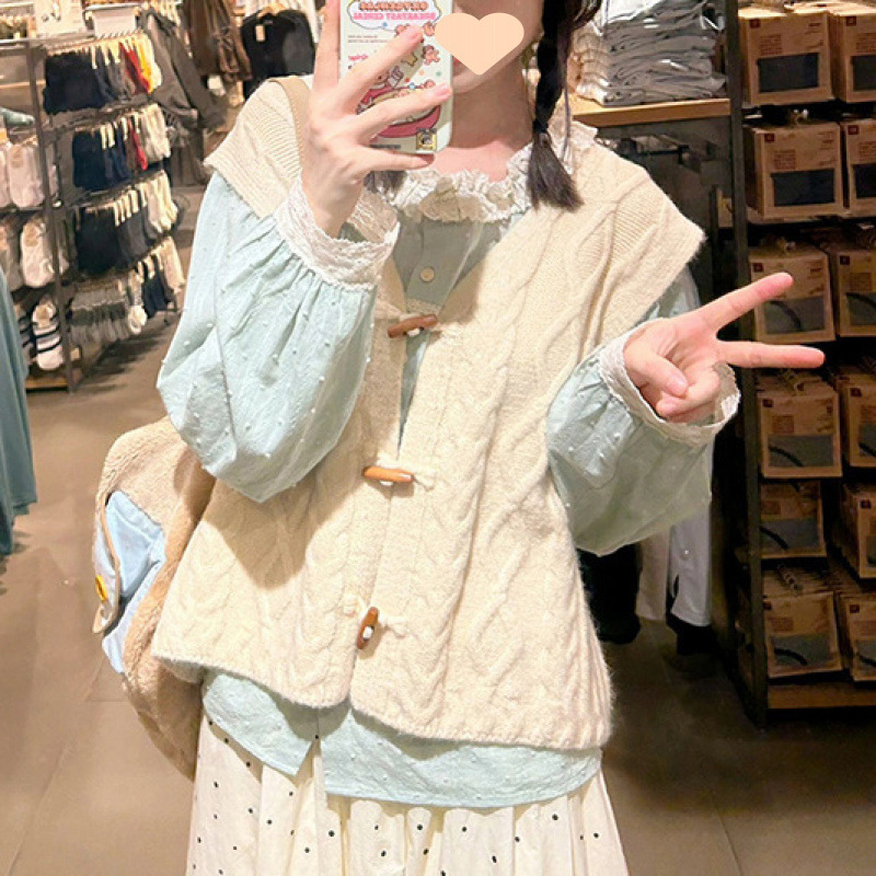 甜美小清新长袖衬衫针织马甲背心女秋季小个子穿搭显瘦半身裙套装|undefined