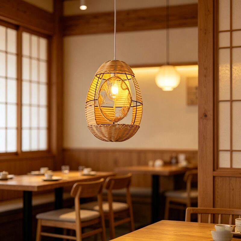 Bohemian Style Rattan Cone-Shaped Chandelier Lampshade, Wabi-Sabi Style Balcony Homestay Restaurant Warm Retro Rattan Lighting