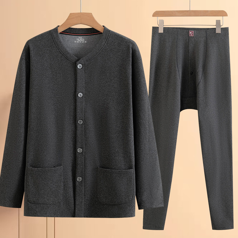 Men's Thermal Underwear Set with Cardigan for Elderly, Made of German Velvet, Thickened and Brushed, with Front Buttons