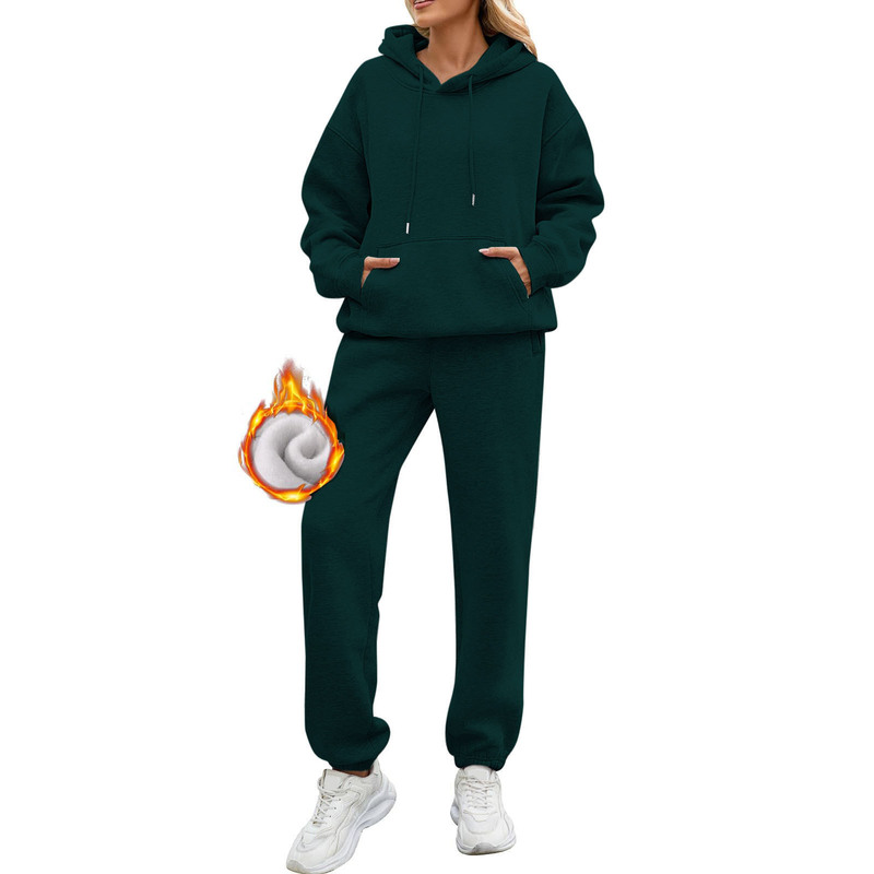 2023 New Autumn and Winter European and American Pure Color Long-Sleeved Hooded Velvet Sweatshirt Women's Fashion Casual Pants Suit Set