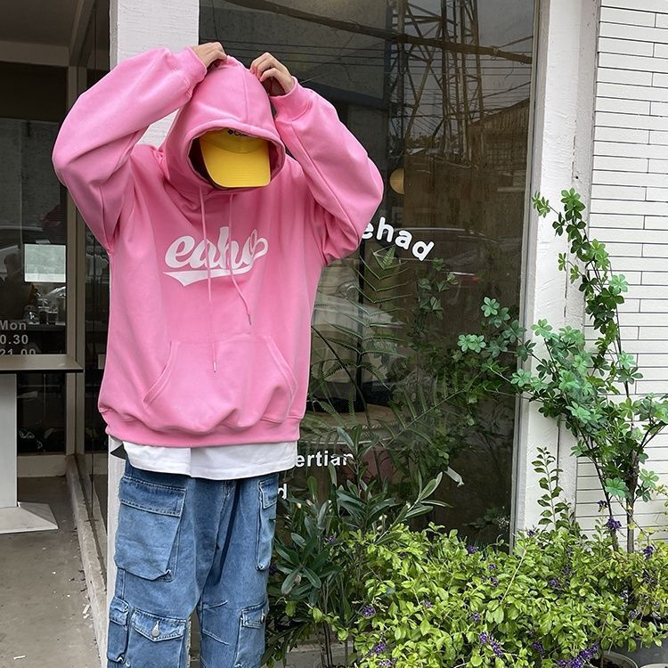 新款彩色秋冬加绒美式印花连帽卫衣男女情侣潮牌宽松休闲连帽