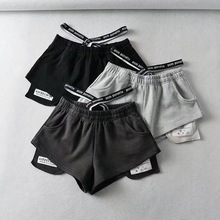 外贸夏季新款贴标运动短裤女ins潮学生薄款宽松显瘦高腰跑步热裤