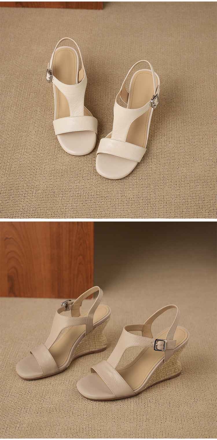 Sandal cao gót nữ quai chữ T đế xuồng đan rơm, hở mũi, gót 9 cm — màu trắng ngà, màu mơ chi tiết 13