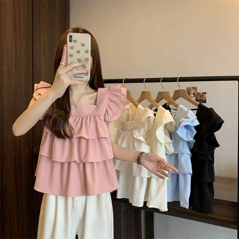 Розовая рубашка с маленькими летящими рукавами и рюшами для женщин, лето 2025, новая кукольная рубашка допамина, французский топ с короткими рукавами