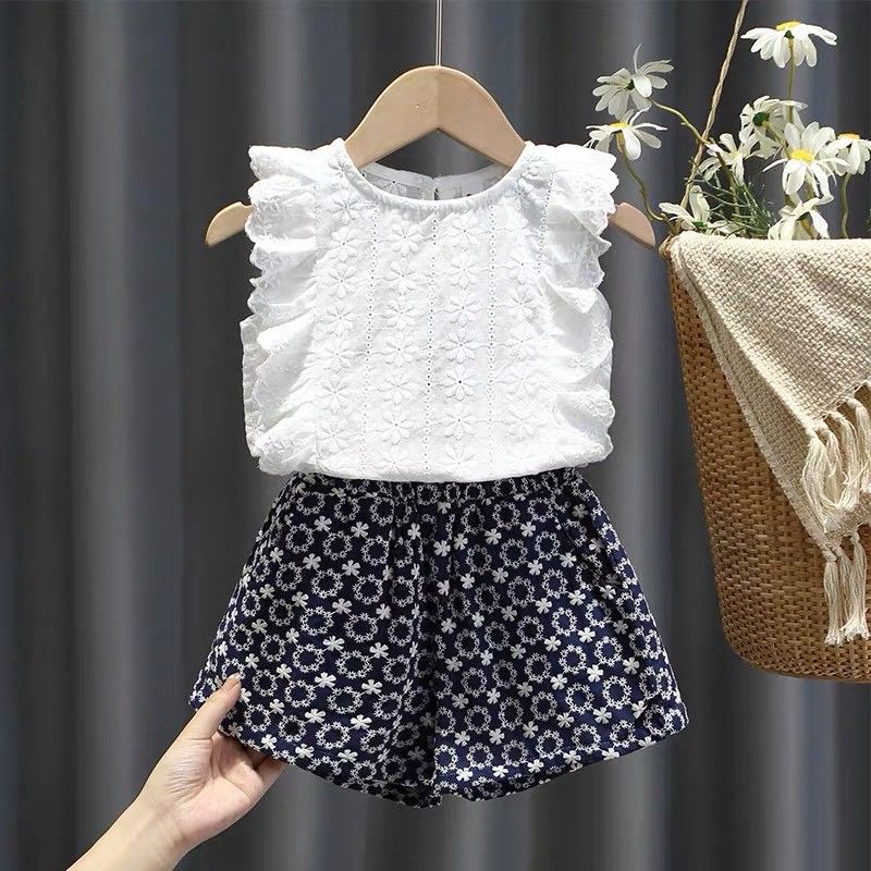 Girls Suit Vest Summer 2024 New Pure Cotton Sleeveless Floral Shorts Korean Style Western Style Little Girl Two-Piece Set