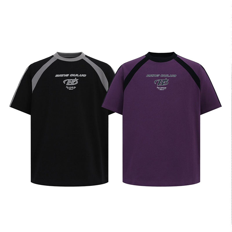 TKPA American Streetwear Brand Collared T-Shirt with Color Block Contrast, Sporty Style, Retro Trendy Casual Couple Short Sleeve T-Shirt