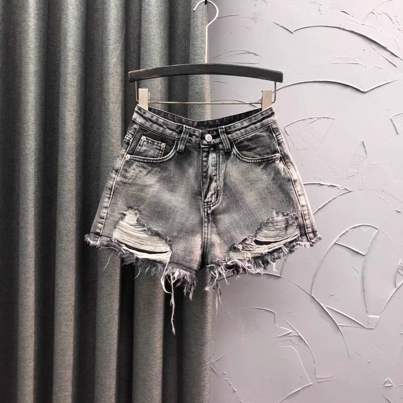 Smoke Grey High Waist Denim Shorts Women's Distinctive Ripped Summer Fashionable Loose Casual A- line Woolen Wide Leg Hot Pants