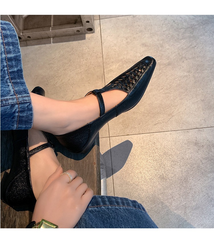 Giày Mary Jane nữ đan T-Strap da thật mũi vuông đế bệt — màu đen, bạc chi tiết 12