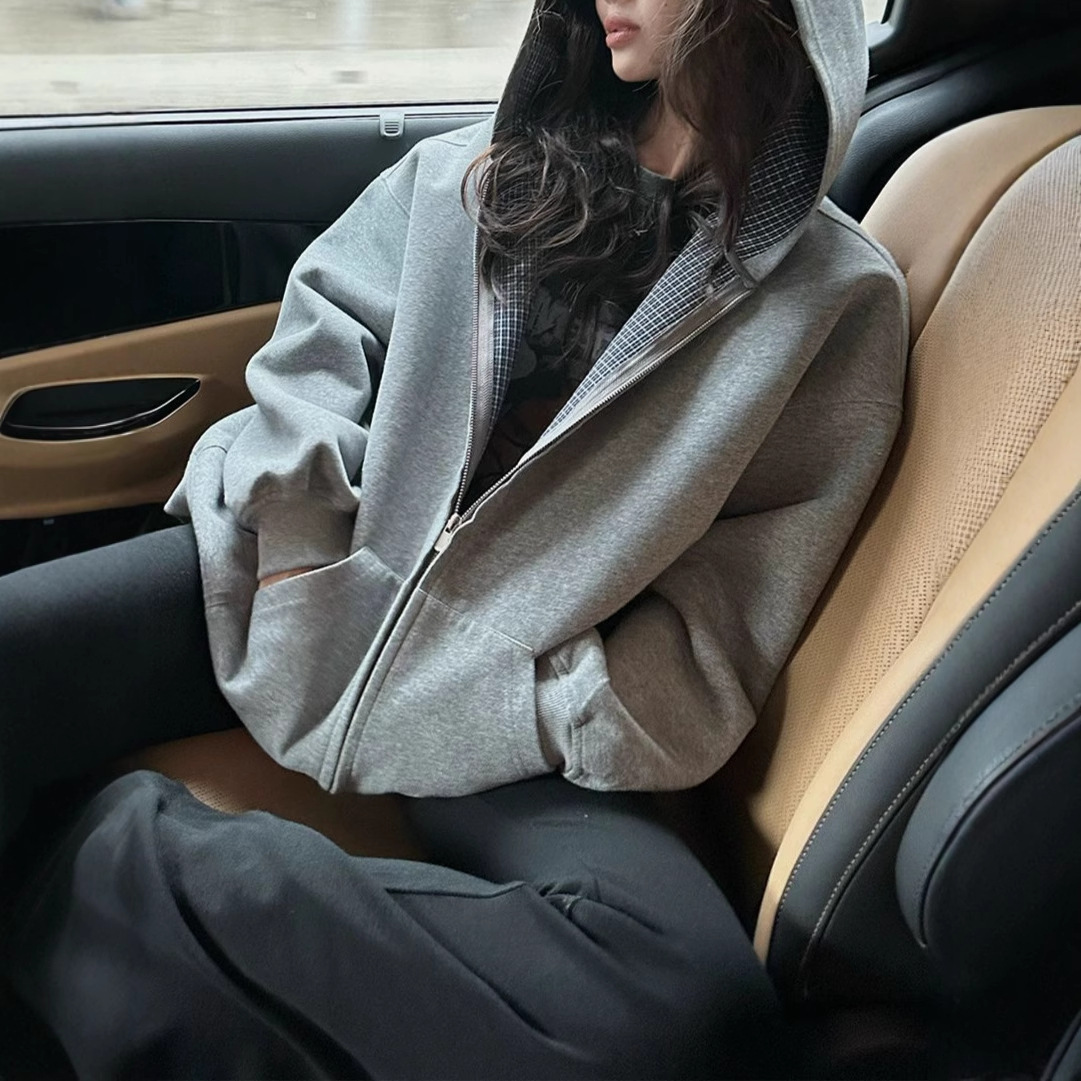 Nanabynaa [Miu Era] Miumi*Yb Double-Layer Composite Hooded Sweatshirt Women's Autumn Plaid Jacket