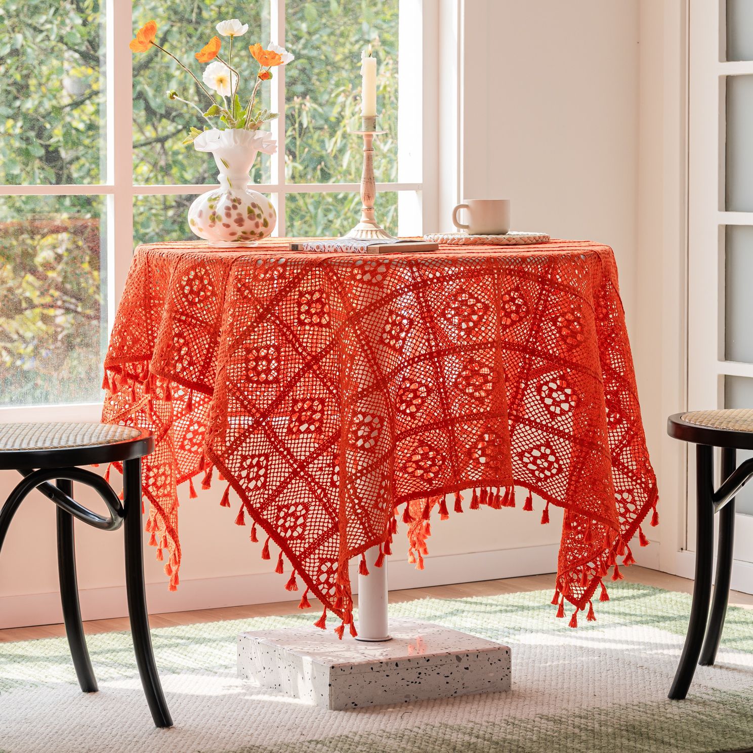 Crochet square plaid. orange.. small broom tassel tablecloth