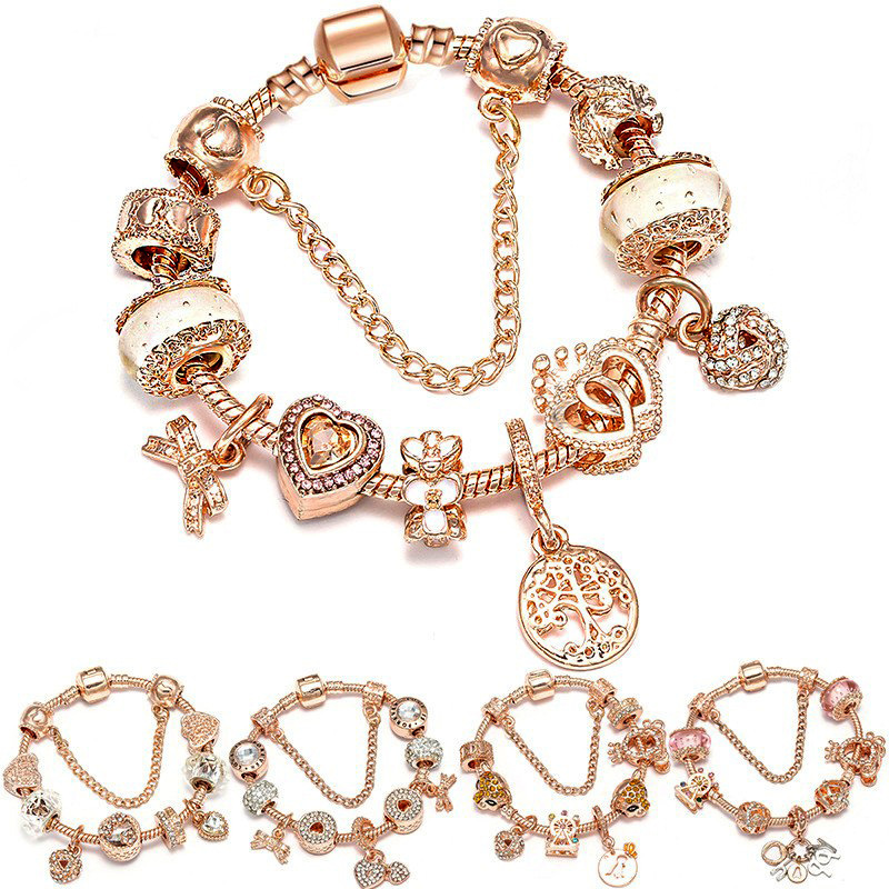 PAN Pandora Ladies Bracelet Rose Gold Series Heart Net Interwoven Bubble Beads and Love Tree of Life Pendant