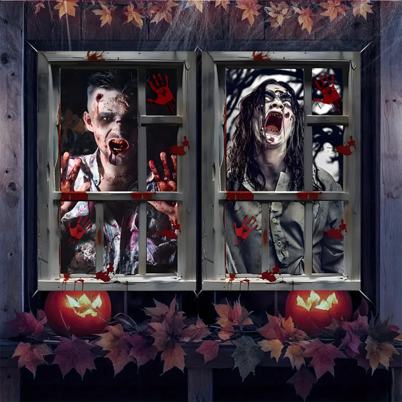 国境を越えたハロウィンホラー新作ウィンドウデコレーションとドアデコレーションの2点セット、幽霊と骸骨の屋内外パーティー用ポリエステル装飾|undefined