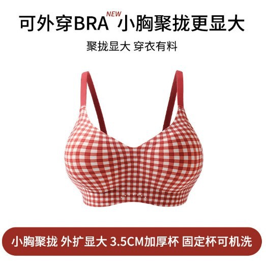 Expanded Comic Breasts, Small Breasts, Push-Up, Red and White Plaid Underwear, Women's Breast-Retracting Anti-Sagging Thickened Bra