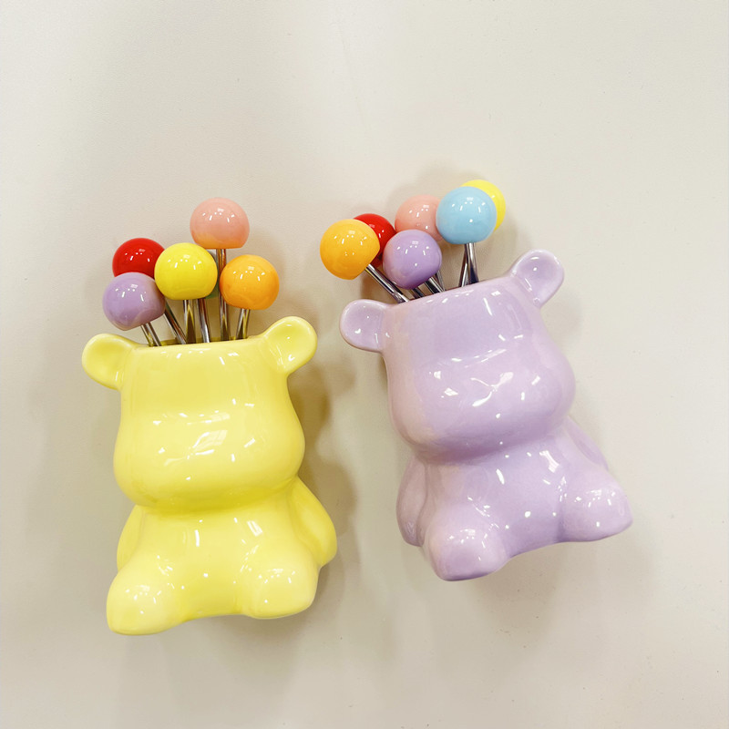 奶油风小号水果叉陶瓷收纳罐桌面家居日用摆件假花花瓶花盆装饰品