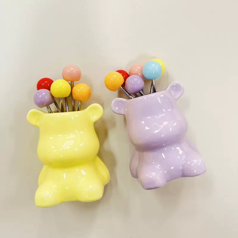 奶油风小号水果叉陶瓷收纳罐桌面家居日用摆件假花花瓶花盆装饰品