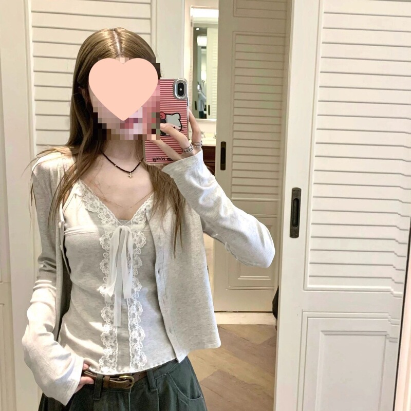 Pure Desire Lace Strap Long-Sleeve Cardigan Two-Piece Set for Women, New Summer Versatile Slim-Fit Top Set