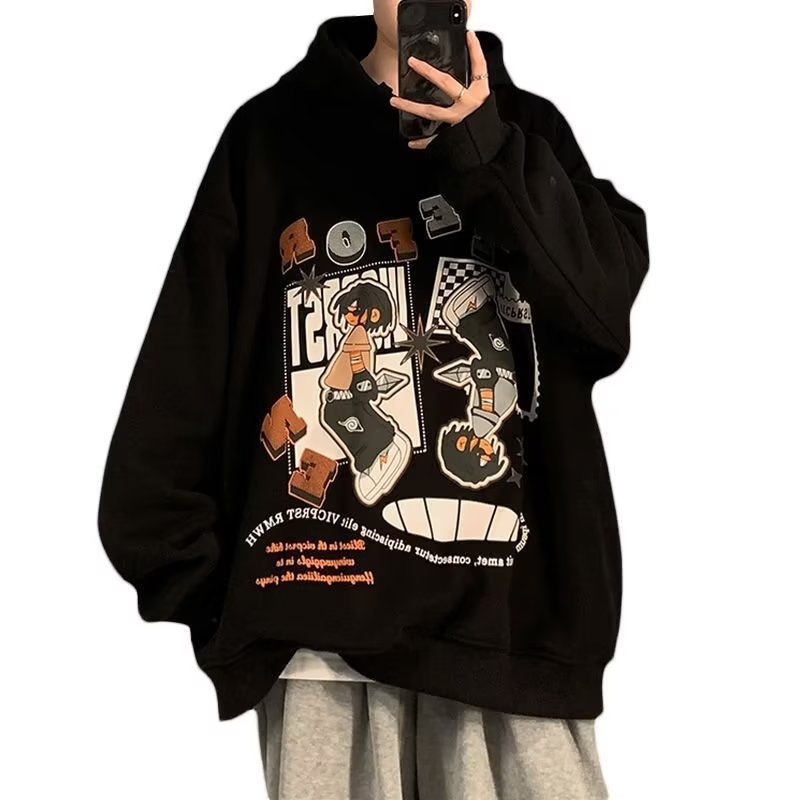 Cartoon hooded sweater men's spring and autumn American hiphop top High Street West Coast fashion brand coat fleece-lined thickened