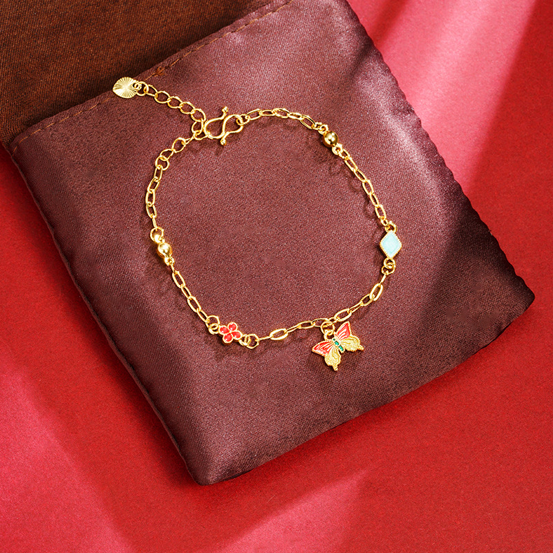 Nuevo chino vietnamita pulsera de oro de arena retrógrado goteo de aceite mariposa de cuatro hojas pulsera mujer lujo ligero joyas de mano no se desvanecen