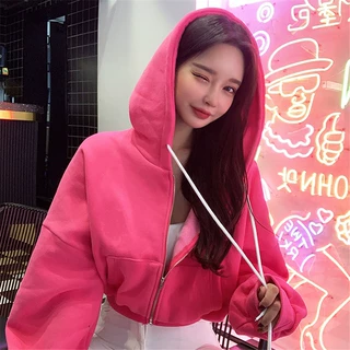 2026春秋新款纯色连帽运动短款卫衣时尚宽松拉链瑜伽开衫外套女潮