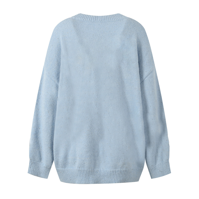 2024 Autumn New Korean Style Design with 3D Bear Dolls, Loose Fit, Youthful V-Neck Knitted Cardigan Jacket 2024 Autumn New Korean Style Design with 3D Bear Dolls, Loose Fit, Youthful V-Neck Knitted Cardigan Jacket