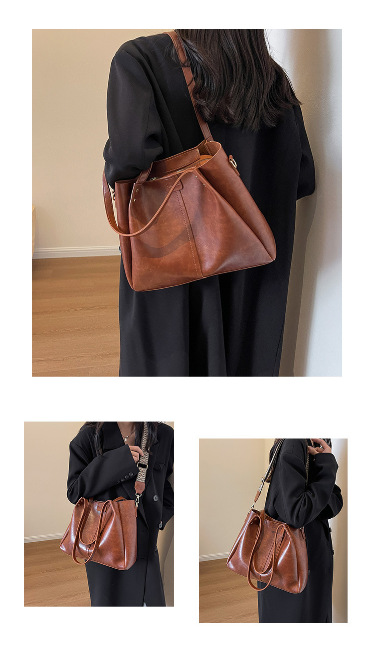 European and American retro large-capacity commuter tote bag 2024 new portable shoulder bag, textured wide shoulder strap messenger bag_voghion.com