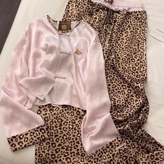 国风轻奢气质豹纹睡衣女春秋款可爱Kitty家居服大码长袖长裤套装